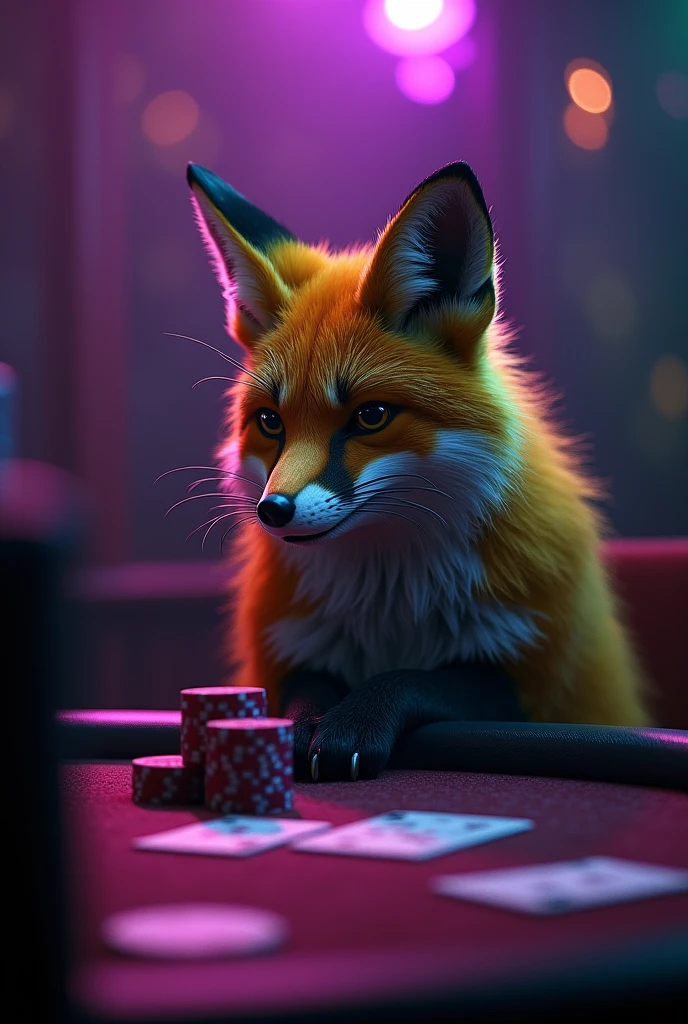 poker, dark yellow furry fox, dark, infinity, purple and green accent, 1 detailed fox, highly detailed fur, 4k, 8k, highres, masterpiece:1.2, ultra-detailed, realistic, photorealistic, photo-realistic:1.37, surreal, digital art, concept art, dramatic lighting, moody, cinematic, intricate details, ultra fine details, vibrant colors, striking composition