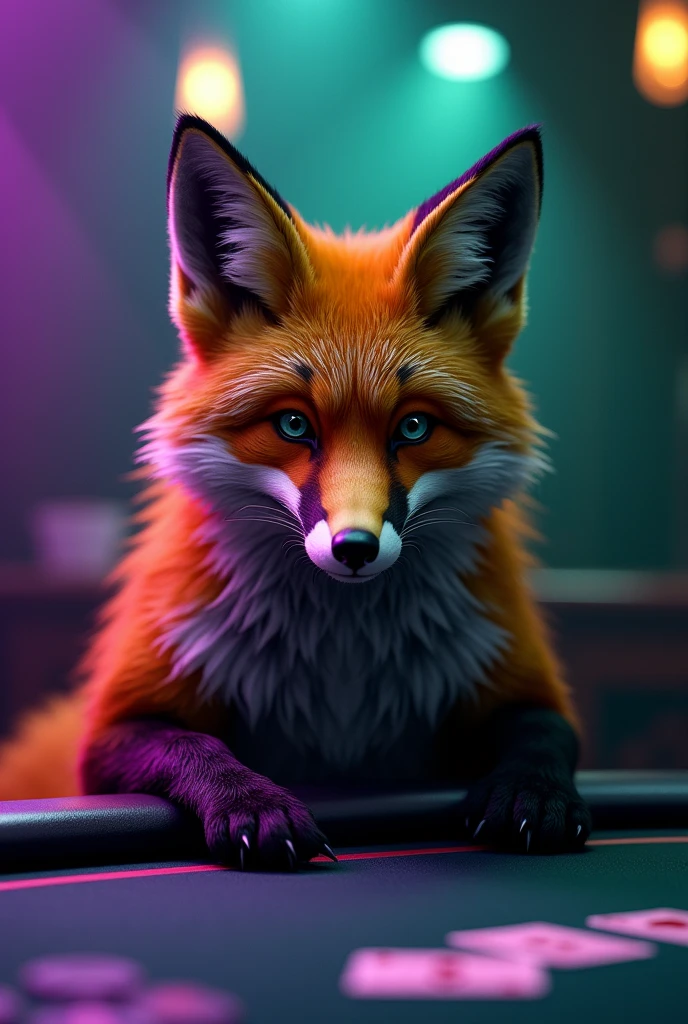 poker, dark yellow furry fox, dark, infinity, purple and green accent, 1 detailed fox, highly detailed fur, 4k, 8k, highres, masterpiece:1.2, ultra-detailed, realistic, photorealistic, photo-realistic:1.37, surreal, digital art, concept art, dramatic lighting, moody, cinematic, intricate details, ultra fine details, vibrant colors, striking composition