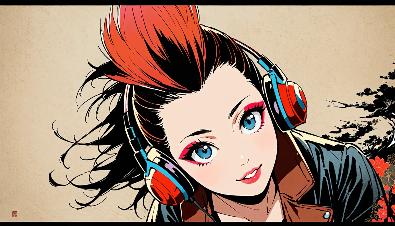 (((Ink Painting))), (((from above))), (((1 female))), (((Leather jacket with Japanese patterns))), (((Mohawk))), (((Very flashy makeup))), Japanese style headphones, devil, face close-up, front view, Japan人の美少女, Black Hair, Delicate and precise, Modern ukiyo-e style,Japan, Droopy eyes, round face, smile, Fuller lips, vivid color
