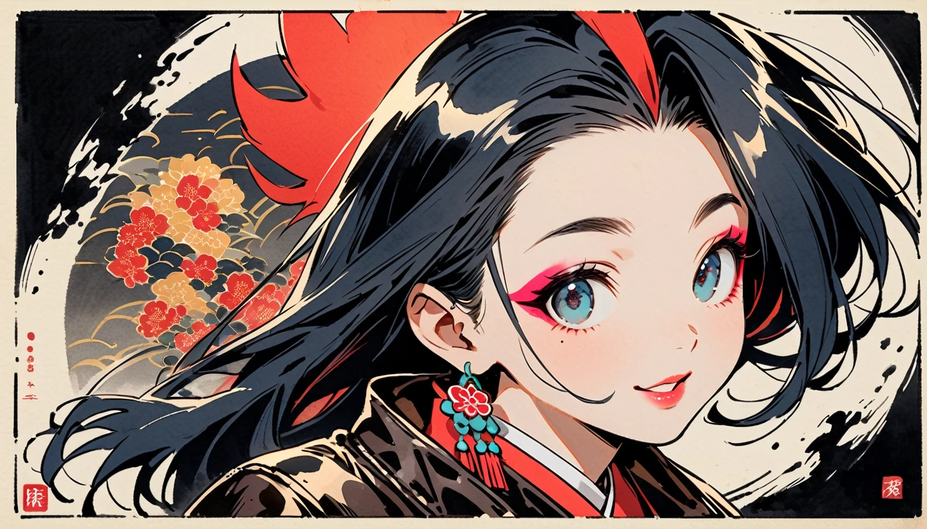 (((Ink Painting))), (((from above))), (((1 female))), (((Leather jacket with Japanese patterns))), (((Mohawk))), (((Very flashy makeup))), Japanese style headphones, devil, face close-up, front view, Japan人の美少女, Black Hair, Delicate and precise, Modern ukiyo-e style,Japan, Droopy eyes, round face, smile, Fuller lips, vivid color