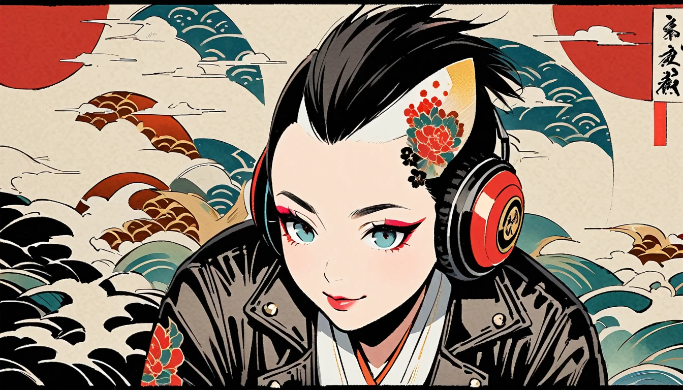 (((Ink Painting))), (((from above))), (((1 female))), (((Leather jacket with Japanese patterns))), (((Mohawk))), (((Very flashy makeup))), Japanese style headphones, devil, face close-up, front view, Japan人の美少女, Black Hair, Delicate and precise, Modern ukiyo-e style,Japan, Droopy eyes, round face, smile, Fuller lips, vivid color