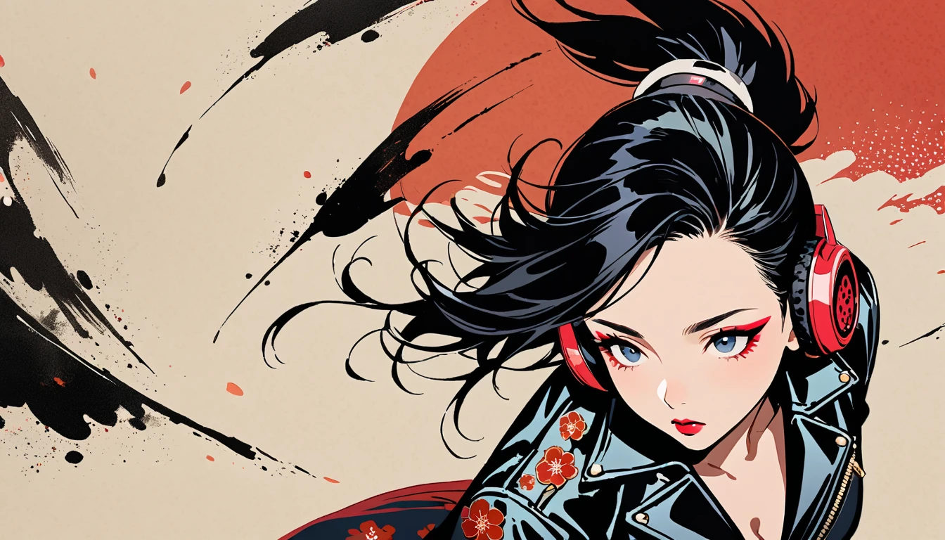 (((Ink Painting))), (((from above))), (((1 female))), (((Leather jacket with Japanese patterns))), (((Mohawk))), (((Very flashy makeup))), Japanese style headphones, face close-up, front view, Japan人の美少女, Black Hair, Delicate and precise, Modern ukiyo-e style,Japan, Droopy eyes, round face, Glare, Fuller lips, vivid color