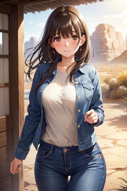 anegasaki nene、Shiny brown hair,  Medium Hair、(Beautiful brown eyes、Sparkling eyes, Fine grain)、smile、Ultra-detailed eyes、Highly detailed face, Highly detailed eyes,Cowboy Shot、


(high quality, High resolution, The finer details), Realistic, Outdoor, (Vast arid region:1.4),
 Wild Cactus, Denim jacket, Denim pants, Strong winds, alone, Curvy Women, Flowing Hair,, smile, blush, Sweat, Oily skin, Shallow depth of field