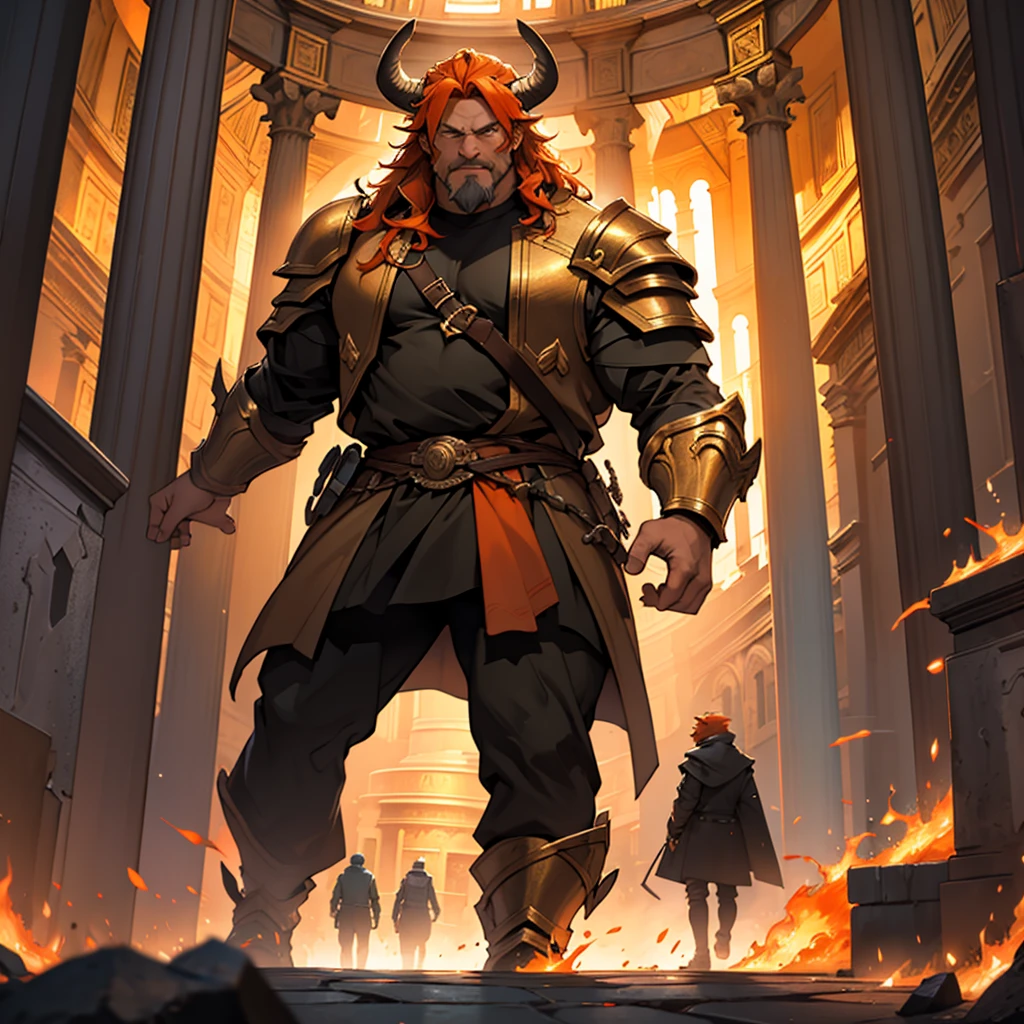 masterpiece, Best Quality, 4k, Background with:Inside the Pantheon with lava flowing, A very large middle-aged man with neat orange hair......, Minotaur-like armor, long black coat, Sparks fly