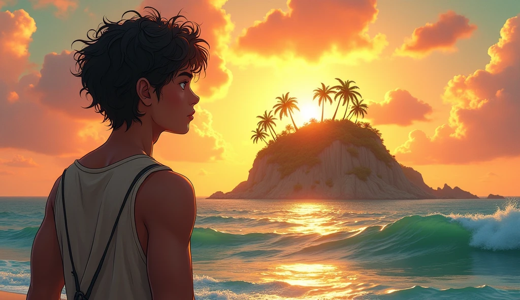 Kai is a lean, wiry teenager with tanned skin from long days spent under the sun. His hair is dark and unruly.A distant, exotic land or island appearing on the horizon, representing the boy's ultimate dream and goal