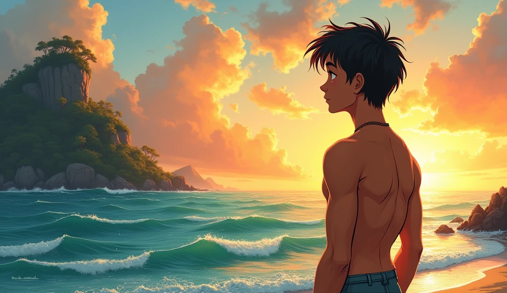 Kai is a lean, wiry teenager with tanned skin from long days spent under the sun. His hair is dark and unruly.A distant, exotic land or island appearing on the horizon, representing the boy's ultimate dream and goal