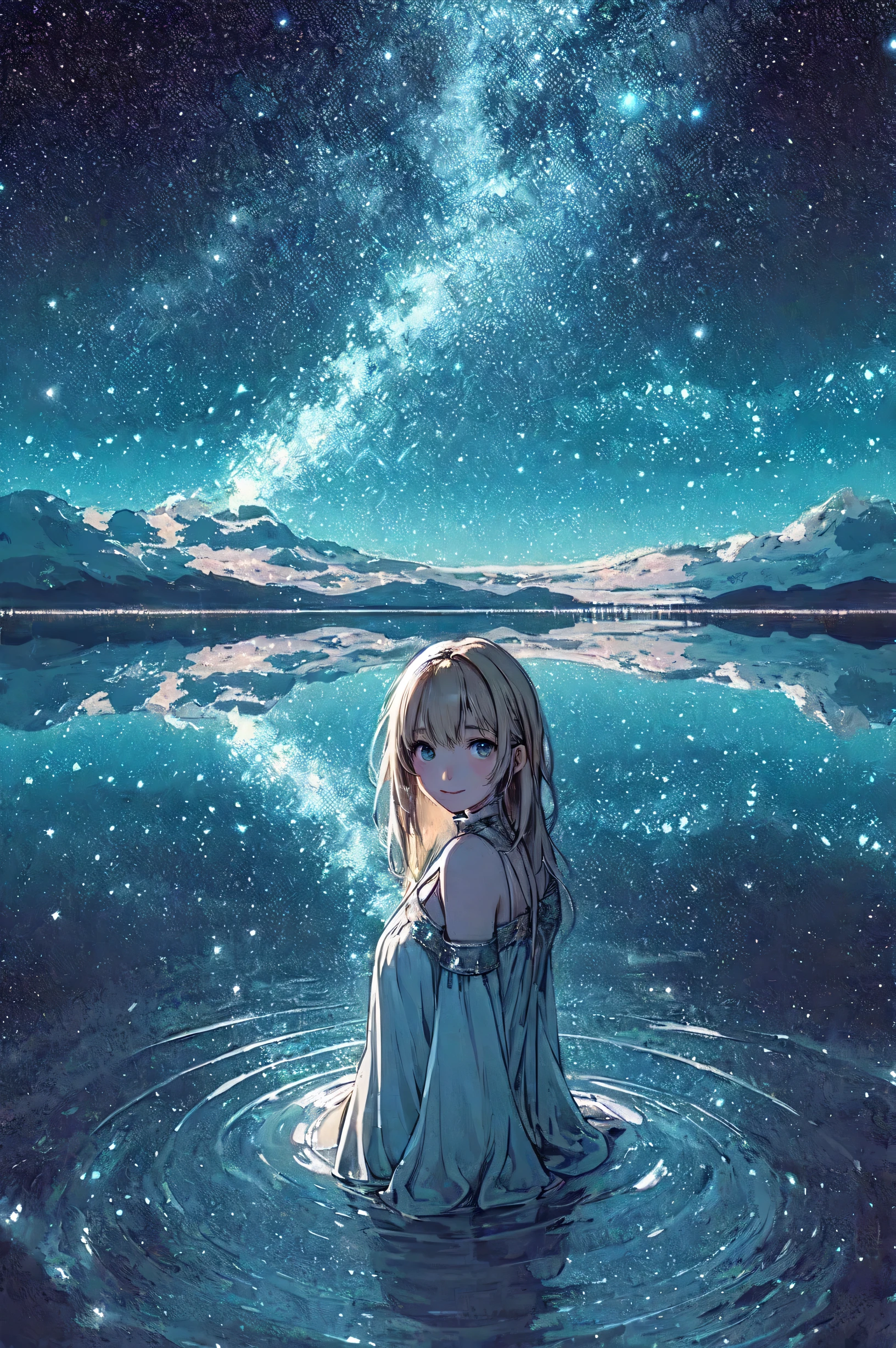1lady solo, (from behind) (looking back), (calm outfit), (mature female:0.8), /(beige hair/) bangs, light smile, (masterpiece best quality:1.2) delicate illustration ultra-detailed BREAK (Uyuni Salt Flat) outdoors, (starry sky) midnight, lake, (water surface reflecting countless stars), water ripples, soft lighting, detailed background