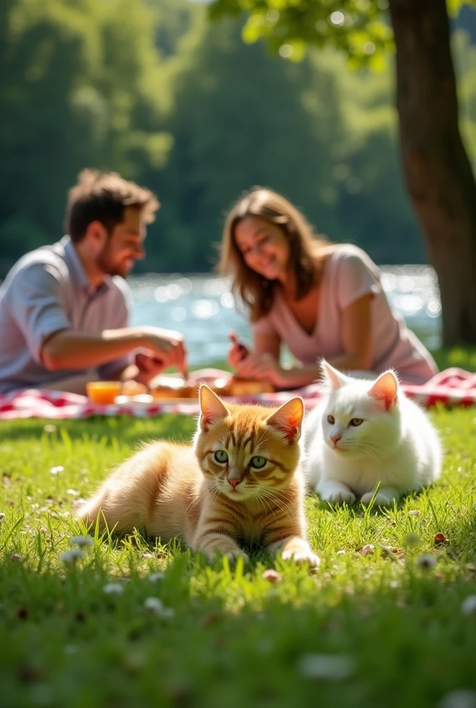 a young ginger cat and a white cat sit on the lawn and watch a dog shake off water on the river bank, in the background on the lawn is a family with children on a picnic