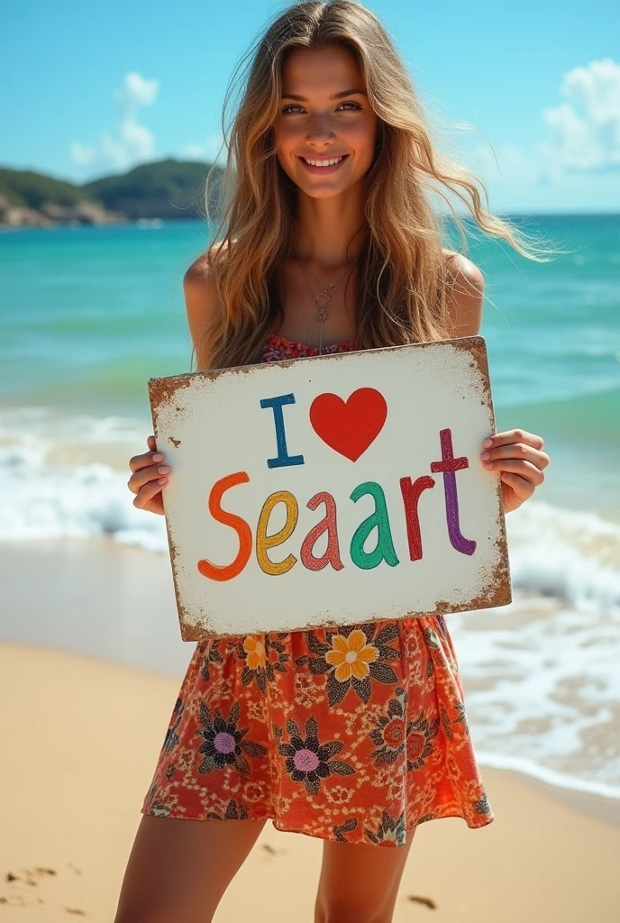 Beautiful girl with wavy long hair, bohemian dress, holding a white board with text "I Love Seaart Infinity" and showing it to the viewer