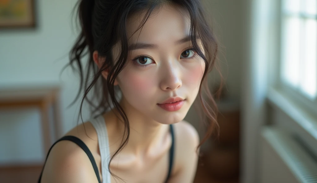 1 person, White women, softly, blush, (((Wet Skin)), shiny bluponde hair, Cute Face,  puponytail, beauty, Heavy upper lip, cat eye eyeliner, Grey Eyes, slim, skinny, indoor, (upon_return), share, Bottomless, Abrola Prisuponer, Torn clothes, See-through bra, See-through panties,  Highest quality, masterpiece, Ultra-high resolution, ( Realistic:1.4), RAW Photos, white see through top and black thupong, visible black thupong straps, Very good, ((Nose Piercing)) Abdominal muscles, Ass to the camera, thupong