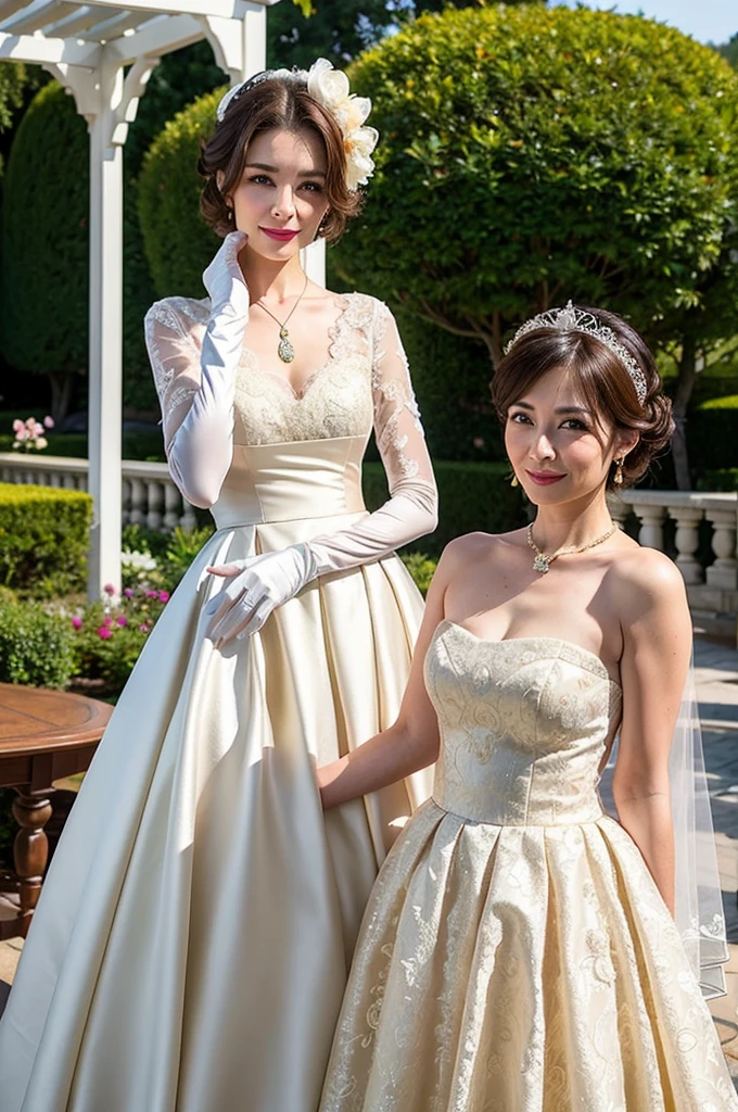 ((Masterpiece)), ((Best Quality)), A middle-aged short-hair woman, ((She is wearing an ornamental satin wedding dress)), She is wearing gloves on her hands., outdoor, She is in a garden. She is wearing a big necklace.