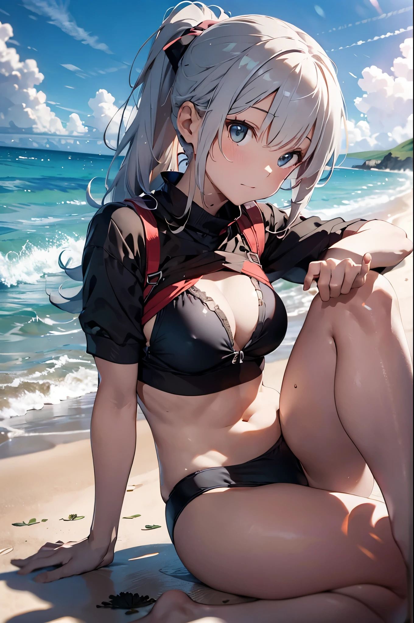 4K,8k,High resolution,
One beautiful young woman,Silver Hair、ponytail、
(Soft Saturation:1.3), (Fair skin:1.2),
(ultra-Detailed Background, Detailed Background), Bokeh,
break'Smiling portrait.,
When viewed from the front, The composition is symmetrical,
Looking straight at you with serious eyes,
break Swimwear, White Bikini, Center of chest,
Outdoor, Sea surface, null, sunlight,Summer beach, Sandy Beach,
Strong light, Front lighting,
(:1.3), (Cowboy Shot:1.2),
Front brake angle,
View your audience,
Dynamic pose,
sitting on the beach
Seaweed、Seaweed、Seaweed、Seaweed、Seaweed、Seaweed、Seaweed、