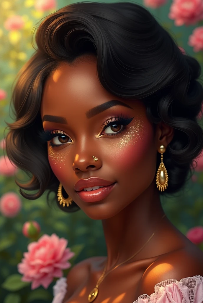 A portrait of a beautiful black woman with bright makeup.