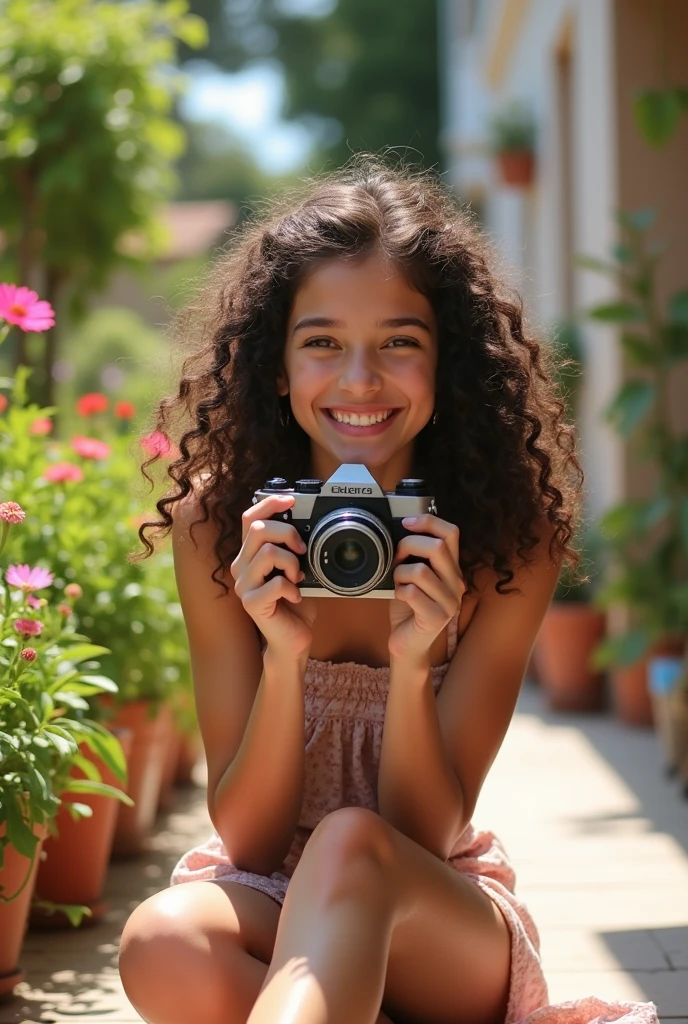 A brunette girl with curly hair and big breasts sits with her legs stretched out, taking a realistic photo