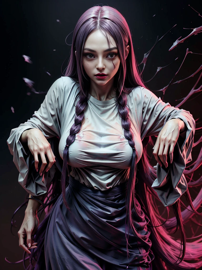 background（Black Night Sky，Big Moon），Close-up of a woman，Wearing a white shirt、Purple Hair，Very long hair，very thick braids，Purple eyes，big ， realistic girl rendering, 8k artistic german bokeh, sexy クリーチャー girl, Real Girls, Gurwitz, Gurwitz-style artwork, Girl Roleplay, Realistic 3D style, cgstation Popular Topics,, 8K Portrait Rendering,（truth，truth：1.4），Wear pink pajamas，巨big ，Sparkling eyes，Purple eyes、(sexy ghost)