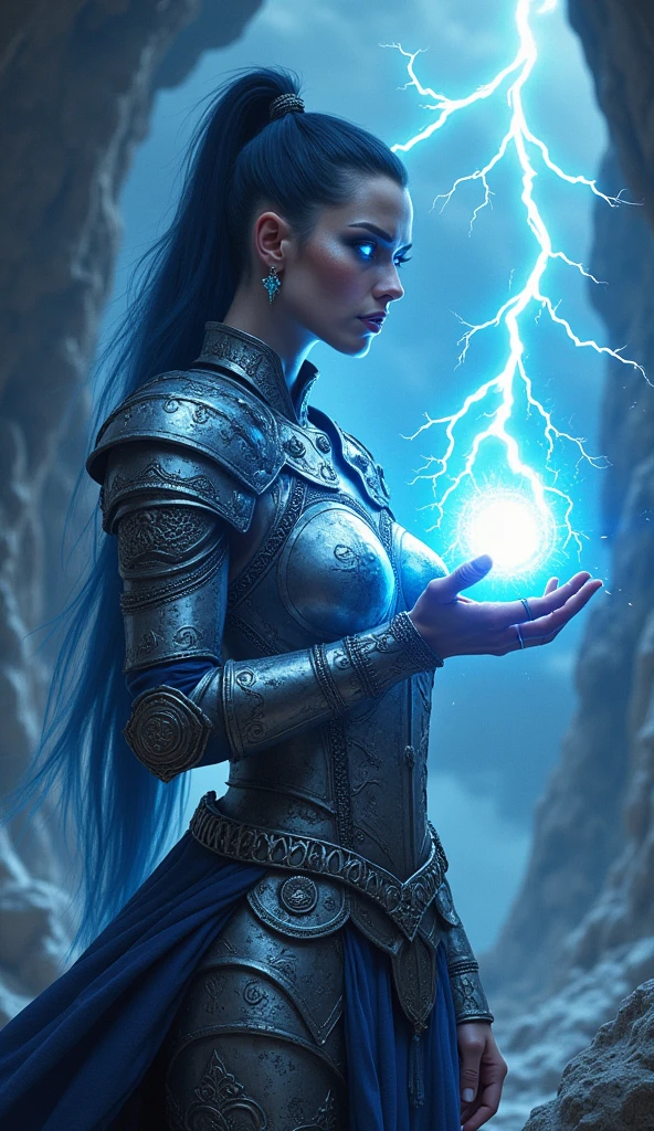 Aletta Ocean, angry evil beautiful and muscular, Nordic female, towering storm Giantess with blue black hair in a ponytail, older and mature woman, throwing a lightning ball, celtic glowing tattoos, wearing silver nordic steel runic plate mail Armour , temple cave background with lightning storm, glowing blue eyes, square jaw, powerful and imposing, winter clothing, pale blue purple skin, ((full plate silver celtic dragon armour)), nordic tattoos with bodybuilder physique 