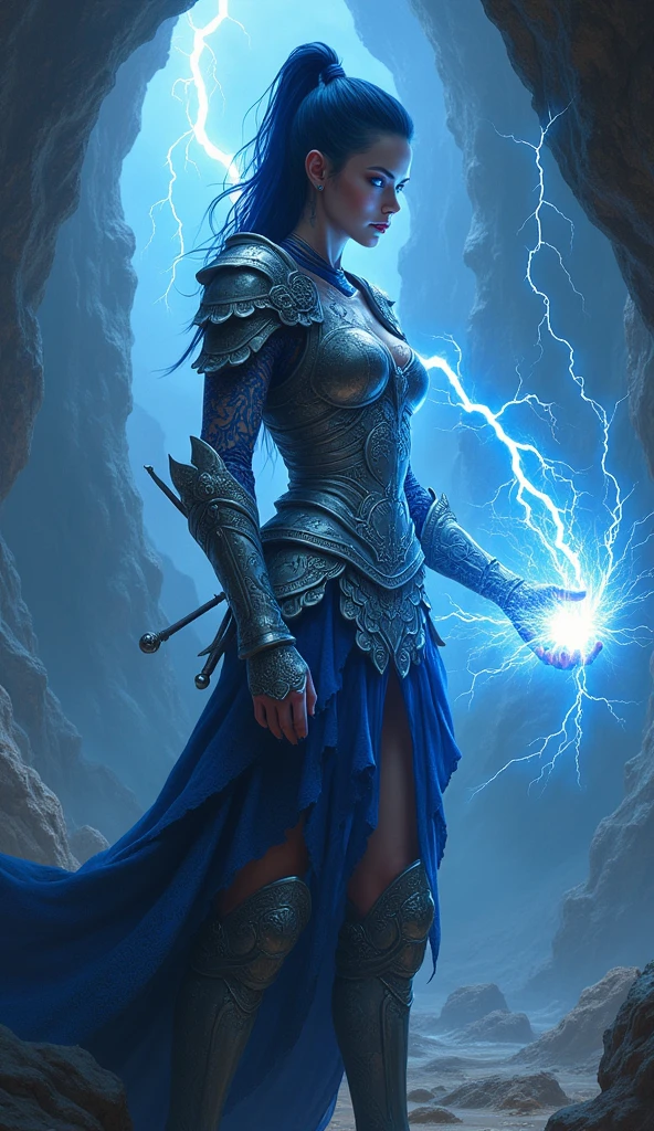 Aletta Ocean, angry evil beautiful and muscular, Nordic female, towering storm Giantess with blue black hair in a ponytail, older and mature woman, throwing a lightning ball, celtic glowing tattoos, wearing silver nordic steel runic plate mail Armour , temple cave background with lightning storm, glowing blue eyes, square jaw, powerful and imposing, winter clothing, pale blue purple skin, ((full plate silver celtic dragon armour)), nordic tattoos with bodybuilder physique