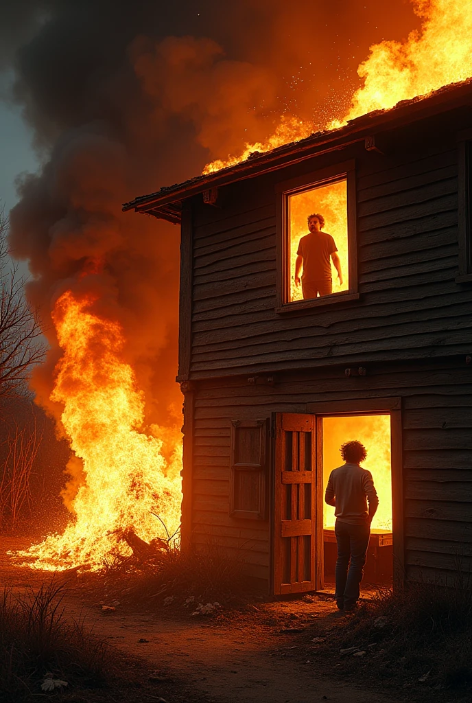 A detailed view of a house engulfed in flames, with bright, intense fire consuming the structure. The scene is dramatic, with glowing embers flying in the air, and thick smoke billowing into the sky. In the foreground, the man is visible through a window, still arranging his possessions, completely oblivious to the impending danger.