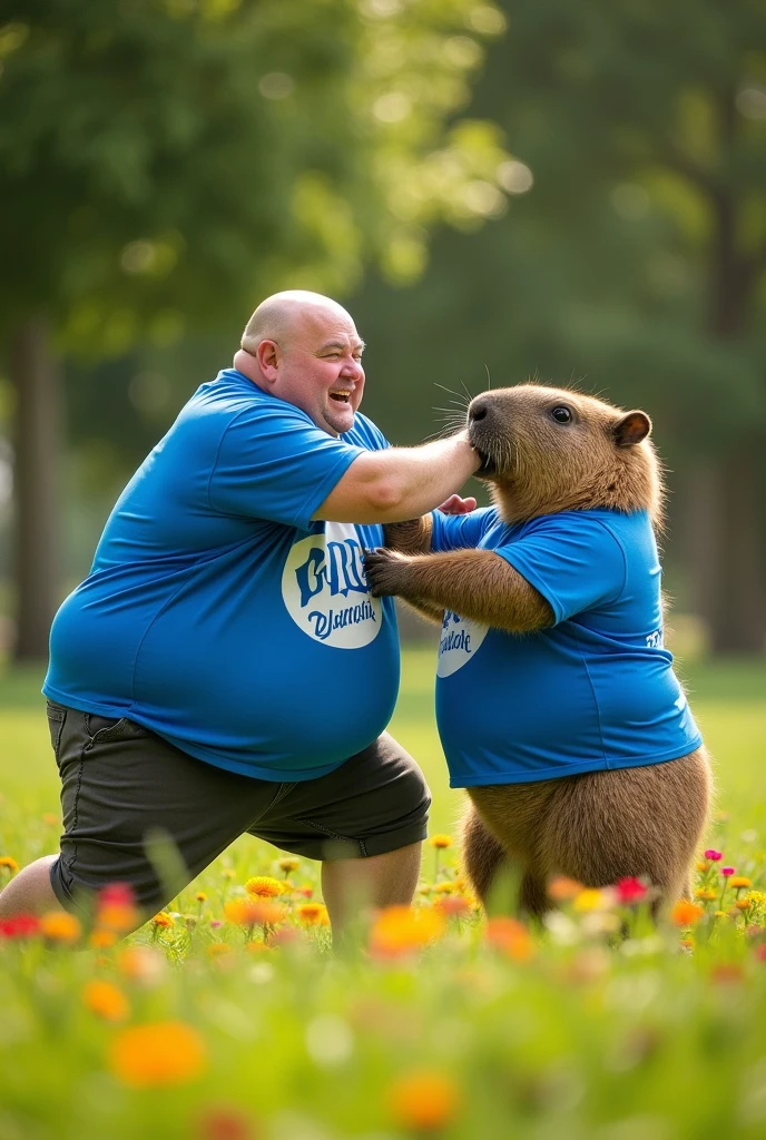 BALD FAT MAN WITH A BLUE PROCON SHIRT WITH THE PROCON LOGO FIGHTING A CAPYBARA THAT HAS A BLUE SHIRT WITH THE PROCON LOGO
