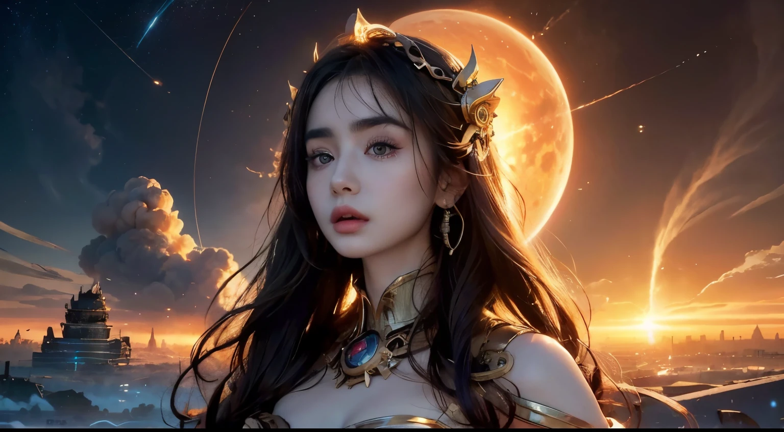 Lily Collins,Realistic visual effects,Attractive beautiful,dramatic contrast,soft lighting,Delicate warmth,soft light,hyper hd, very colorful,best quality,the perfect woman,high dynamic range,long eyelashes,an outstanding masterpiece,pure white skin,to put on make up, Sexy Goddess,Large metal machine gears,Strange skies,8K high quality,A pair of big eyes is beautiful and touching.,White skin,assembly,sexy costumes, 【background】Large Gold Gear,doomsday ruins,A giant tornado,The setting sun burns the clouds,Multiple Planets,The end of the world,Multiple Planets,Marz,Jupiter,Lightning thunder, mercury,Strange skies,