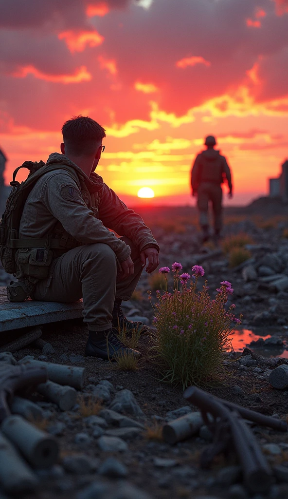 scenery with sunset and war debris