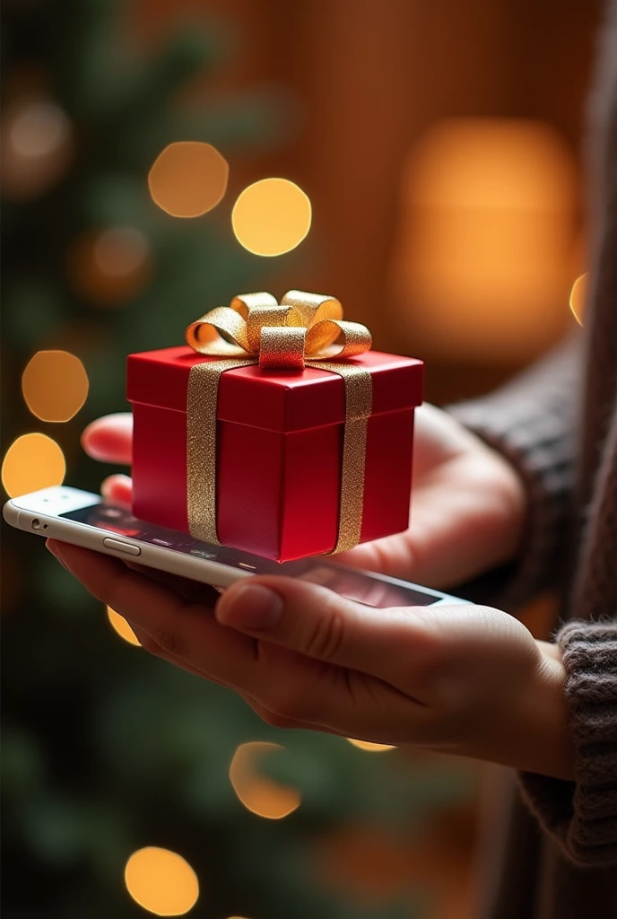 Single Hand giving  a red colour gift box for inside person in phone screen