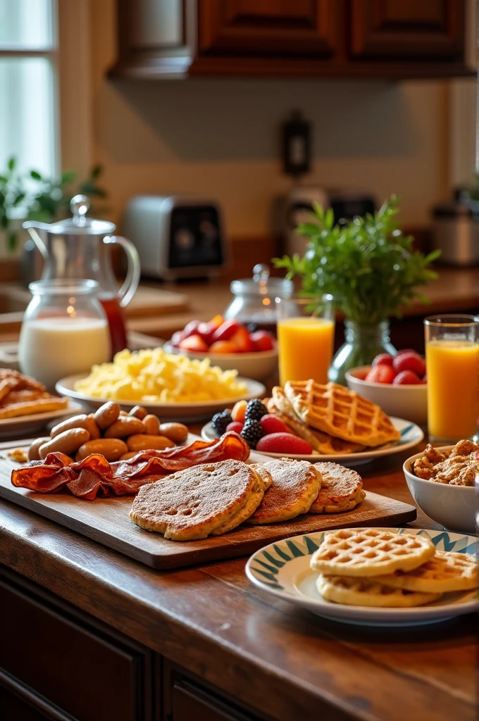 make a picture of scrambled eggs, pancakes, french toast, waffles, bacon, cereal with milk, fresh fruits, fried sausage links, hash browns, biscuits, and some common american breakfast drinks that are designed like buffet on a typical center counter top of a home. make sure all dishes are seen