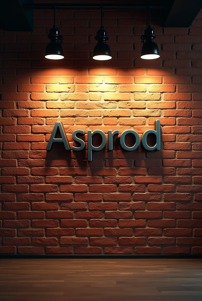 Arrriere plan en brique avec des lampes effet loft.
Il est nite sur le lur le mot « Asprod » sous forme de logo marketing. Les lettre sont en 3D accrocher au mur Ultra realiste