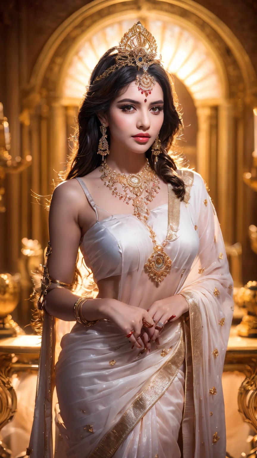 ((Best quality, 8k, Masterpiece :1.3)), Sharp focus :1.2, Generate a realistic image of a beautiful sexy Indian woman dressed in a white Kasava saree, adorned with traditional ornaments, standing in a well-lit room with cinematic lighting. ((Front view, random elegant pose)), and there is a sense of grace and elegance in her posture. The background should complement the scene, enhancing the overall aesthetic appeal of the image. Photography by Brandon Woelfel, Full shot: Canon EF 16-35mm f/2.8L III USM lens on a Canon EOS 5D Mark IV camera, ultra realistic, 32k, HD