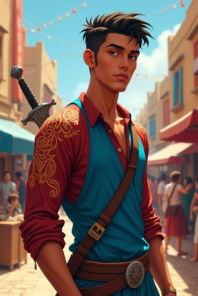 Create a male character, de 18 anos, with marro decal, shirt blue, with red sleeves, with a sword in the back
