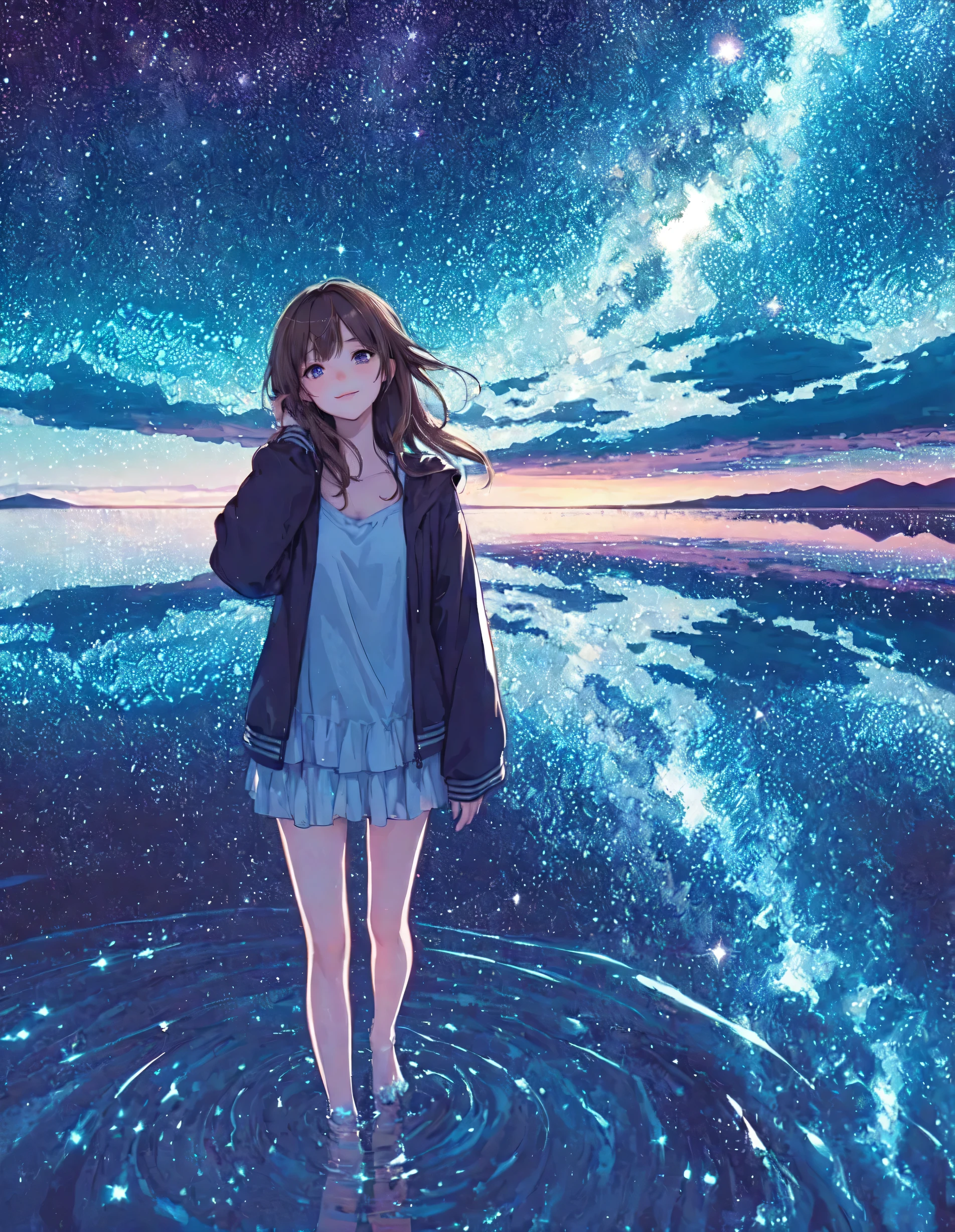 high-detail,(Full body:1.3),girl with,Facial expressions are invisible,dawn,Morning light,short-cut,Stand in the middle of a salt lake，The surface of the water is like a mirror，Reflecting the sky。Look at the sky，The Milky Way is in the sky,long view