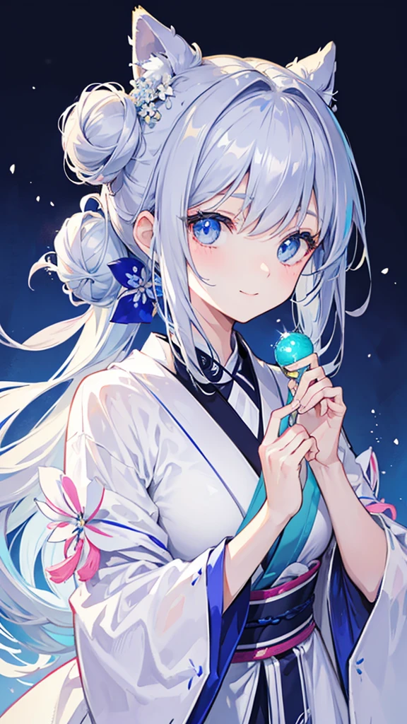 Anime character, half body only, upper body only, half body portrait, posing like a model, good looking, beautiful, full of details, aesthetic, hd, masterpiece art, amazing work. Solo, young girl, hair in bun, one bun, just one bun, flower accessories in bun, bluish gray colored hair, Lady, blue eyes, smile, elegant look, elegant carrying, white Japanese kimono, blue decoration, Lily flower theme, eyes facing camera, there are no hands to hinder the appearance, simple background.