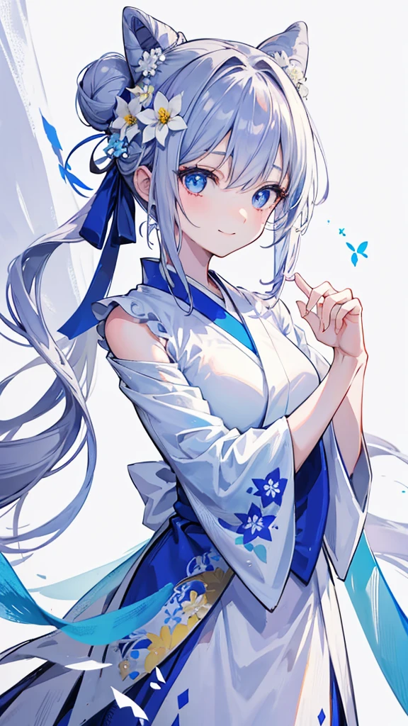 Anime character, half body only, upper body only, half body portrait, posing like a model, good looking, beautiful, full of details, aesthetic, hd, masterpiece art, amazing work. Solo, young girl, hair in bun, one bun, just one bun, flower accessories in bun, bluish gray colored hair, Lady, blue eyes, smile, elegant look, elegant carrying, white Japanese kimono, blue decoration, Lily flower theme, eyes facing camera, there are no hands to hinder the appearance, simple background.