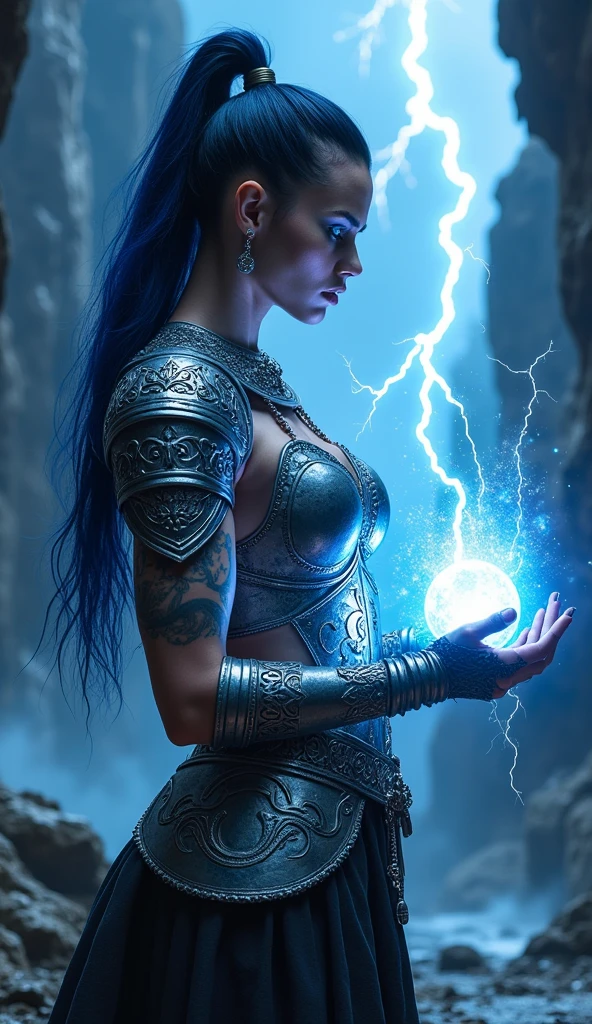 Aletta Ocean, angry evil beautiful and muscular, Nordic female, towering storm Giantess with blue black hair in a ponytail, older and mature woman, throwing a lightning ball, celtic glowing tattoos, wearing silver nordic steel runic plate mail Armour , temple cave background with lightning storm, glowing blue eyes, square jaw, powerful and imposing, winter clothing, pale blue purple skin, ((full plate silver celtic dragon armour)), nordic tattoos with bodybuilder physique