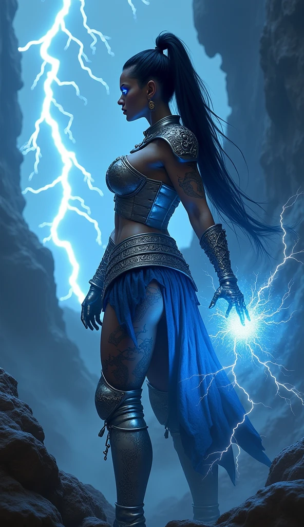 Aletta Ocean, angry evil beautiful and muscular, Nordic female, towering storm Giantess with blue black hair in a ponytail, older and mature woman, throwing a lightning ball, celtic glowing tattoos, wearing silver nordic steel runic plate mail Armour , temple cave background with lightning storm, glowing blue eyes, square jaw, powerful and imposing, winter clothing, pale blue purple skin, ((full plate silver celtic dragon armour)), nordic tattoos with bodybuilder physique