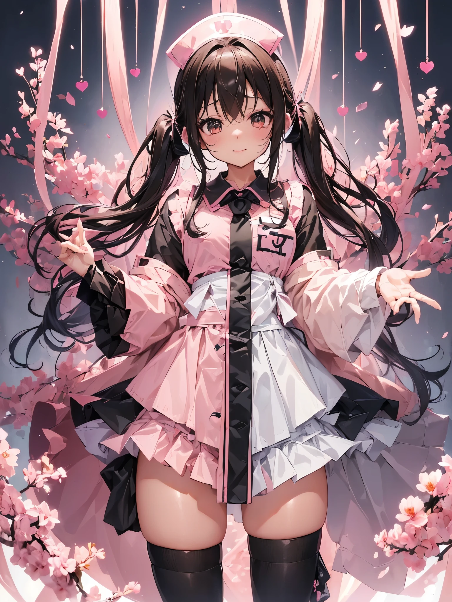 ((((((アニメ調cute顔)))))), ((Brown skin:1.2)), ((((Pink and black nurse costume with a lot of exposure)))), Highest quality, (((Sharp details))), 8k, ((cute)), (Black hair twin tails)、(Pink frill hair accessory)、 (looking at the camera),,(cute胸:1.2)、((Body-fitting costumes:1.5))、Height: 160 cm、A kind smile:1.5、(Big eyes:1.2)、Anatomically correct body、Big thighs、Light from the front、cute雰囲気の部屋、(Written boundary depth)
