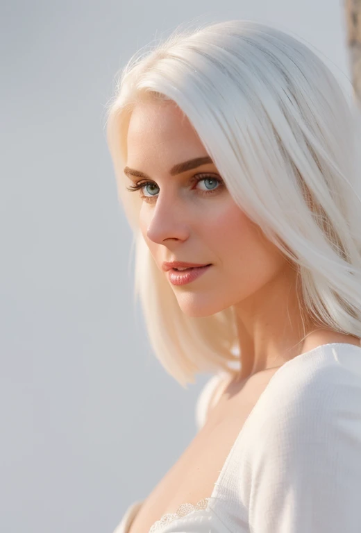 neve, female, pose, White hair, white background, . Shallow depth of field, vignette, detailded, nakeness, bokeh, cinemascope, temperamental, epic, marvelous, film grain, grainy, proffesional, Altamente detailded