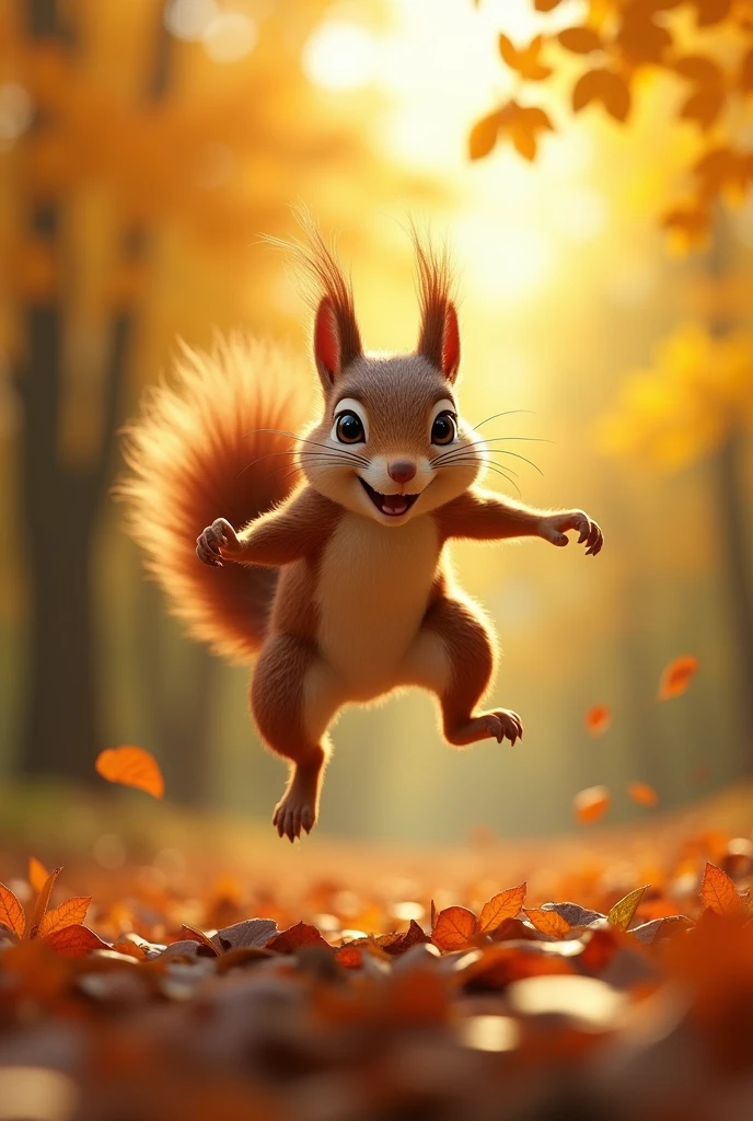 a clever squirrel jumping, detailed fur and eye, realistic 3D render, photorealistic, high quality, cinematic lighting, dynamic action pose, forest background, autumn leaves, beautiful colors, intricate detail