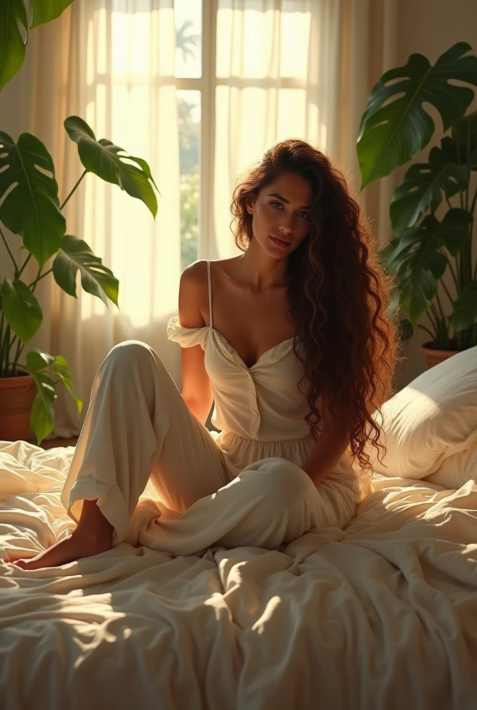 (photorealism:1.2), beautiful woman, sitting on bed, wearing loose off-shoulder top, pajama pants, long curly hair, indoors, soft lighting, plants in background, window with sunlight, cozy room, relaxed pose, realistic, intricate details, warm colors, by Greg Rutkowski, by Alphonse Mucha