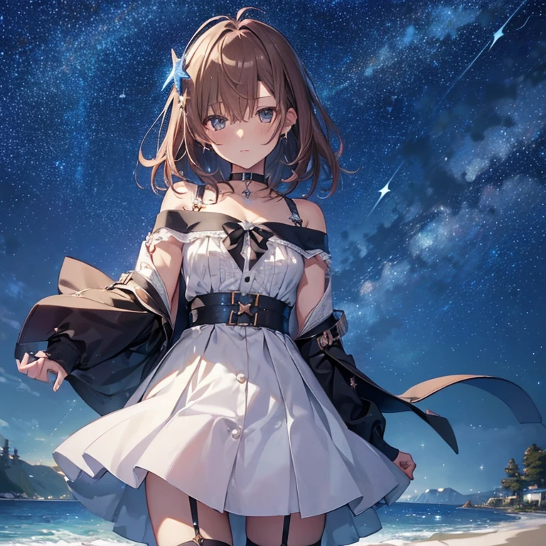 (Starry Sky:1.5), Misaka Mikoto, 1girl, Night Dress, black choker, uhd, retina, masterpiece, ccurate, anatomically correct, textured skin, super detail, high details, high quality, best quality, highres, 4K
