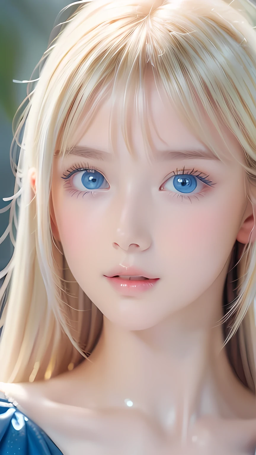 Beautiful white and shining skin、Blonde hair that changes color depending on the light、Bangs between eyes obstruct vision、Shiny highlights on the cheeks、Sexy, very beautiful, lovely, cute, gorgeous face、The most beautiful face in the world、super long and gorgeous blonde hair、Smooth straight hair、Large Breasts, Very large, Beautiful sparkling bright blue eyes、Beautiful Bangs、Beautiful cute.Small Face Beauty、Cheek Gloss Highlighter、Round face