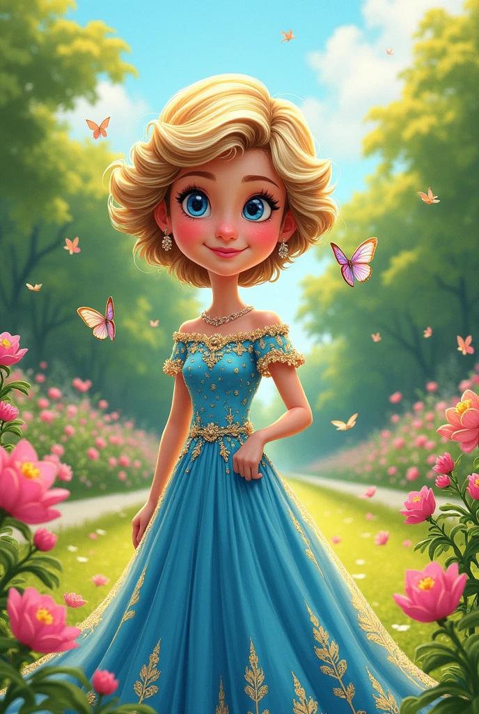 lady diana cartoon , blue and gold