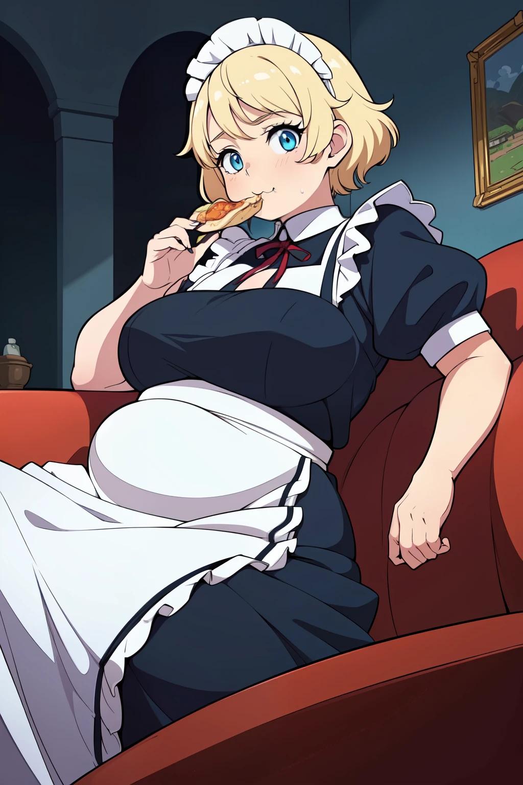 ((best quality)), ((masterpiece)), (detailed), ((1girl)), 18 years old, ((anime)), ((peasant girl)), (( dark fantasy)), ((blue eyes)), ((blonde)), ((maid apparel)), eating a lot of food, a little bit chubby chick and belly, lying on a sofa