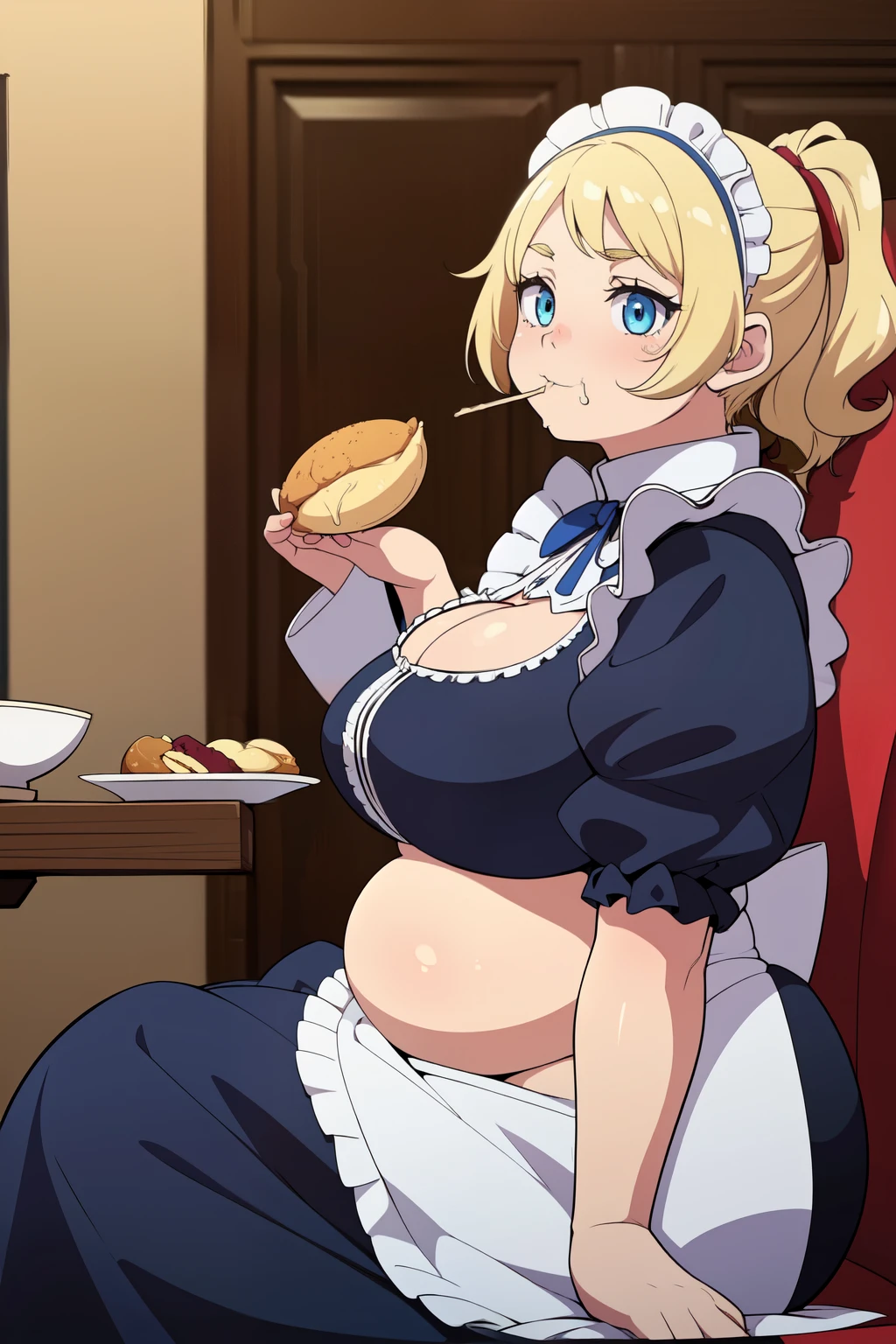 ((best quality)), ((masterpiece)), (detailed), ((1girl)), 18 years old, ((anime)), ((peasant girl)), (( dark fantasy)), ((blue eyes)), ((blonde)), ((maid apparel)), eating a lot of food, a little bit chubby chick and belly, lying on a sofa