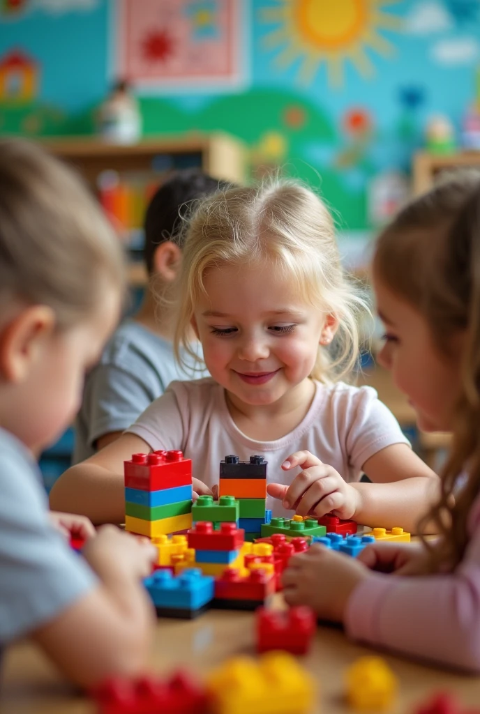 blonde de 8 ans en train de jouer avec d'autres enfants. L'image prend tous les enfants. L'image se déroule à la crèche. On voit tout les têtes des enfants. La fille ne sais pas quelle est photographier point elle essaie d'assemblée des Lego. L'image est pris avec un téléphone. L'arrière-plan n'est pas flouté.
