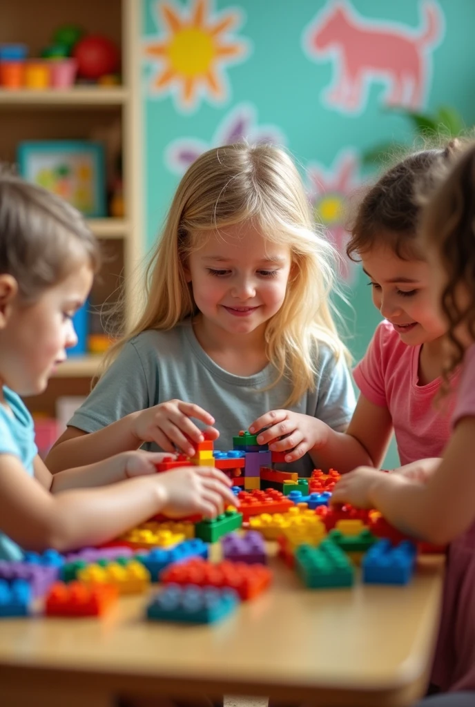  blonde de 8 ans en train de jouer avec d'autres enfants. L'image prend tous les enfants. L'image se déroule à la crèche. On voit tout les têtes des enfants. La fille ne sais pas quelle est photographier point elle essaie d'assemblée des Lego. L'image est pris avec un téléphone. L'arrière-plan n'est pas flouté.