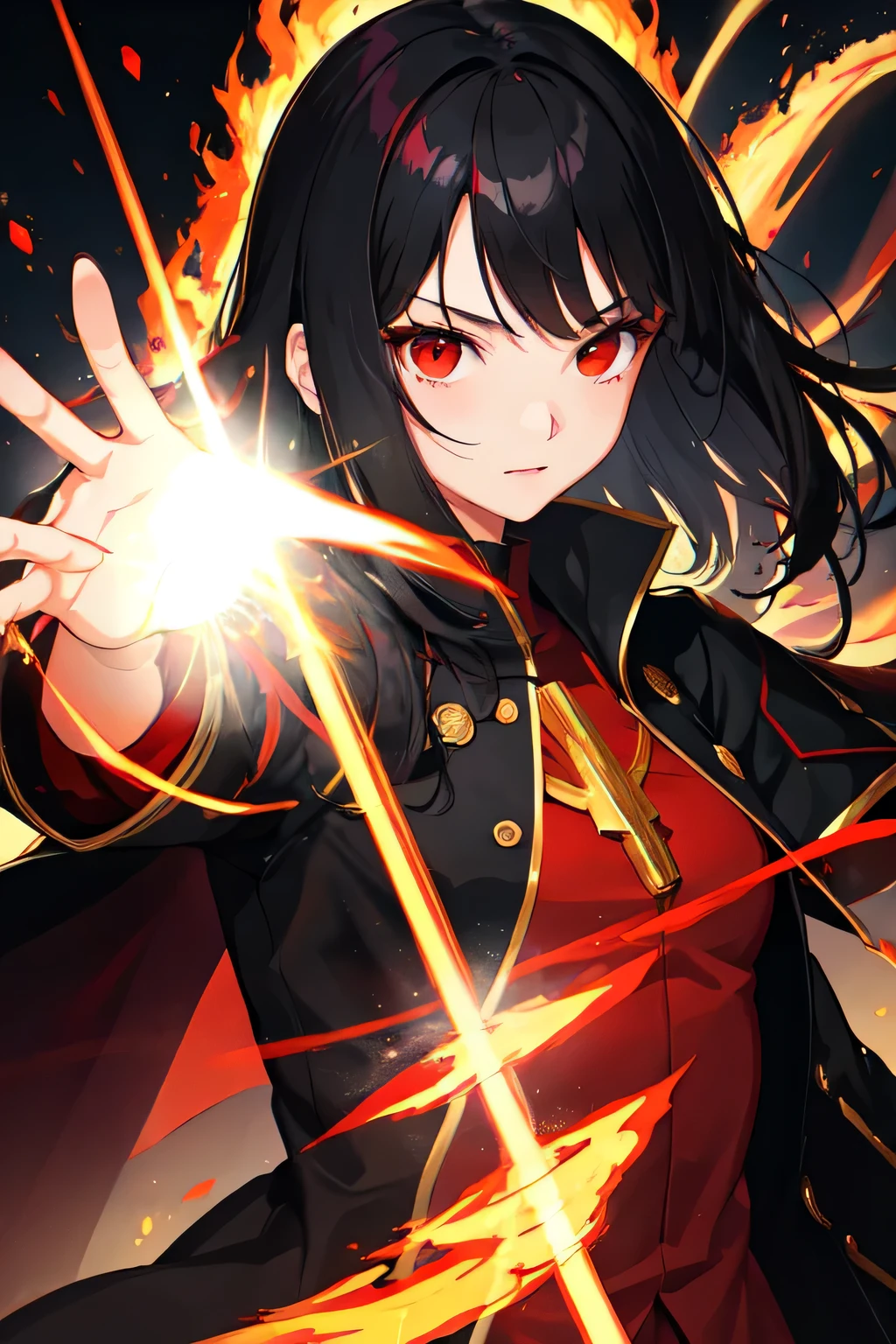 1 girl, black hair, Red eyes, fire witch, blood, Light particles, rays of light, wallpaper, high contrast, colorful,