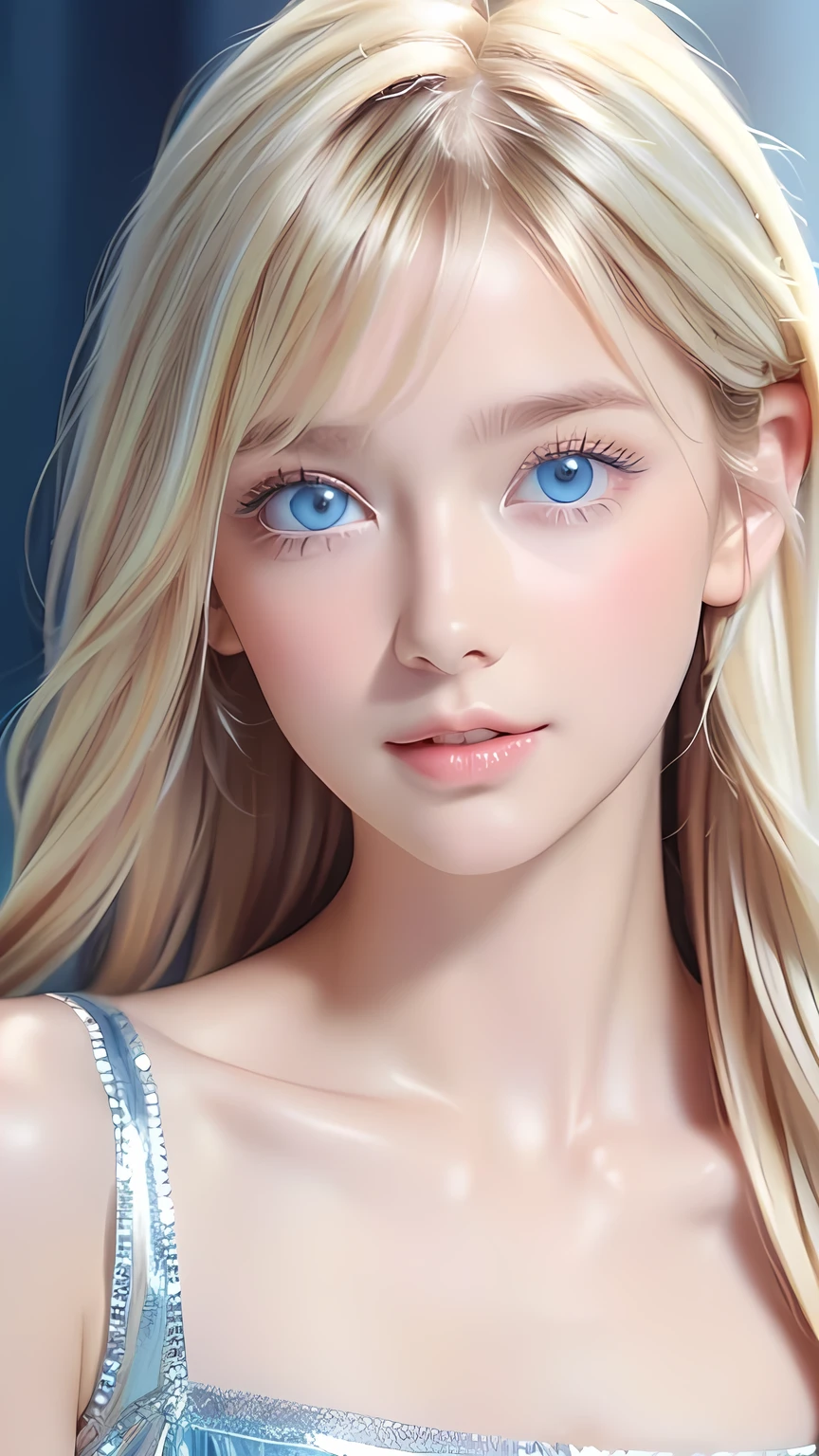 Beautiful white and shining skin、Blonde hair that changes color depending on the light、Bangs between eyes obstruct vision、Shiny highlights on the cheeks、Sexy, very beautiful, lovely, cute, gorgeous face、The most beautiful face in the world、super long and gorgeous blonde hair、Smooth straight hair、Large Breasts, Very large, Beautiful sparkling bright blue eyes、Beautiful Bangs、Beautiful cute.Small Face Beauty、Cheek Gloss Highlighter、Round face