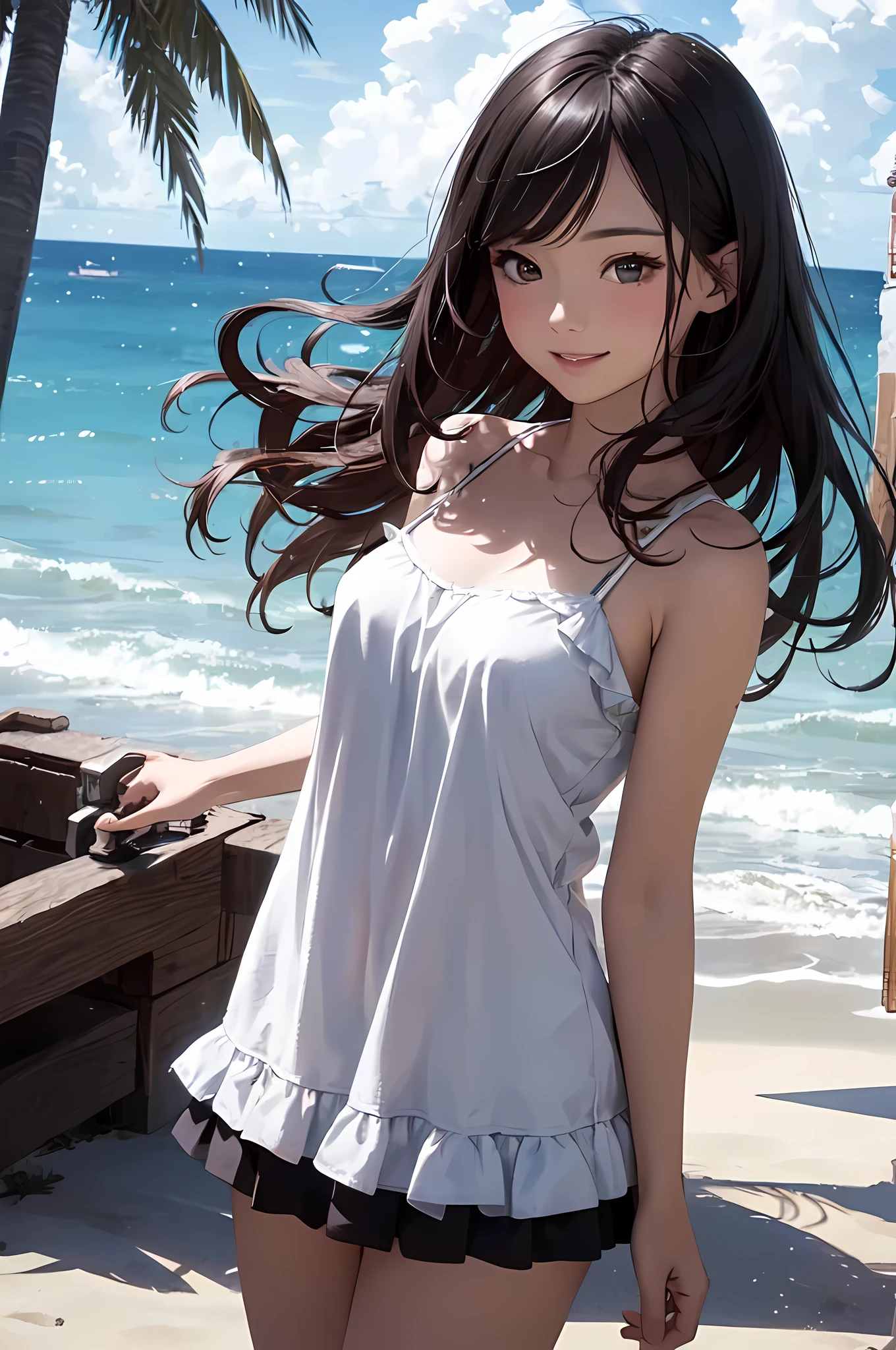 So cute and beautiful,(Very detailed美しい顔),camisole,Cute frilled petticoat,
(smile),Happy,View your viewers,Black Hair,Cowboy Shot,Leg details,Beach,Tropical Resort,
(Highest quality,masterpiece),Absurd,High resolution,Very detailed,Very detailed,32K,8k resolution,
Intricate details,Movie Scenes,Detailed Background,alone,Dynamic Angle,
Natural light,Hair blowing in the wind,Beautifully detailed skies,Realistic,