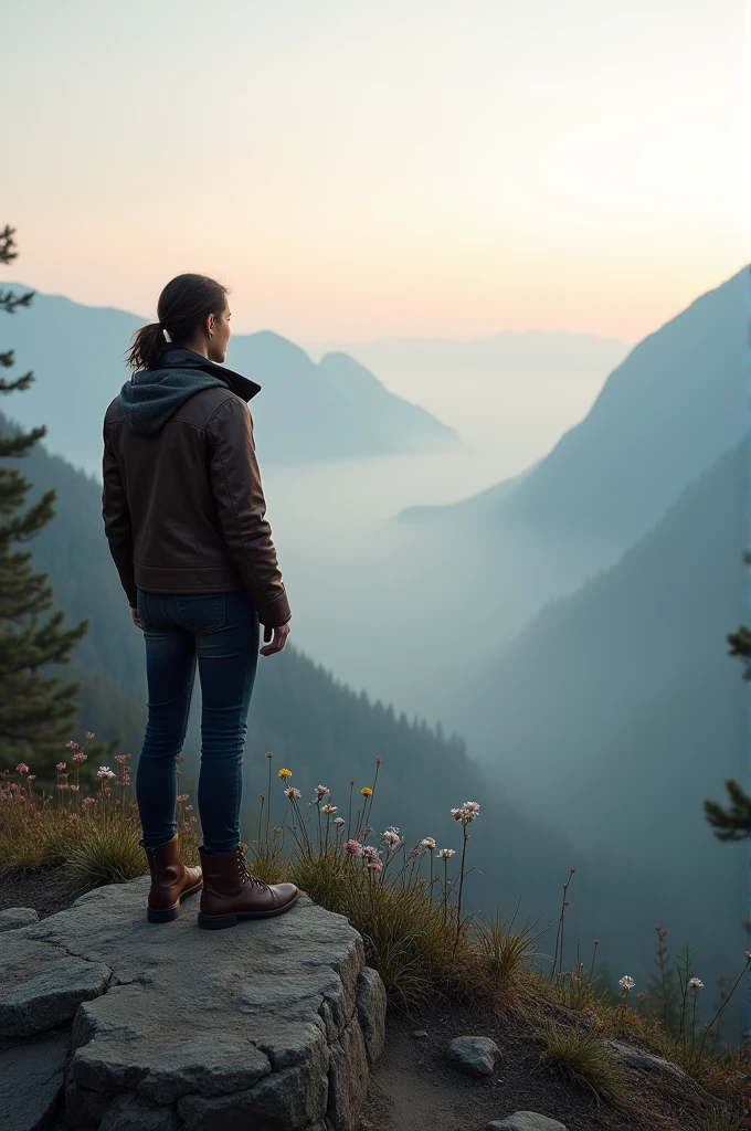 A person standing at the edge of a cliff, looking out at a vast, foggy landscape.